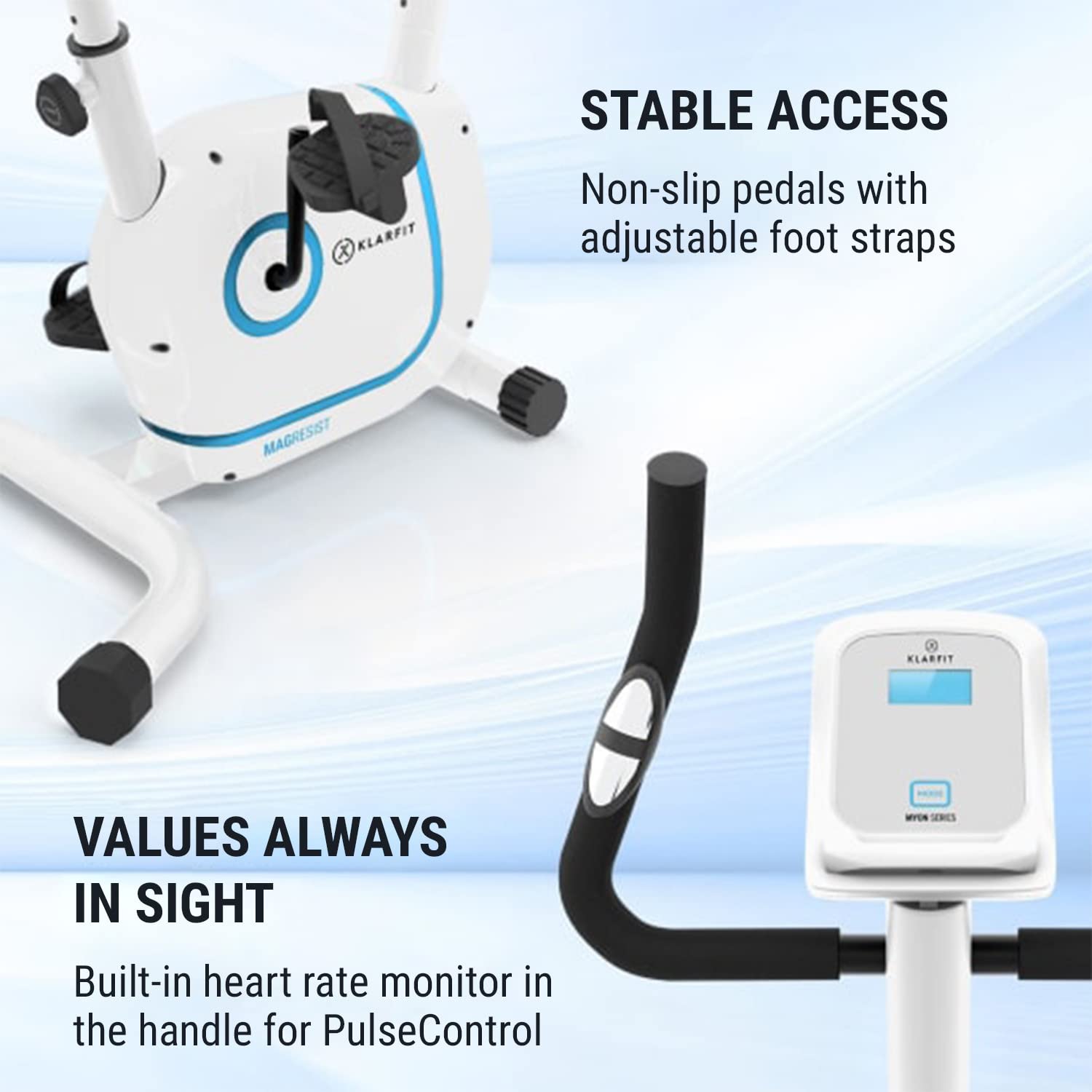 Klarfit Myon Cycle Heimtrainer Fahrrad - Ergometer mit 12 kg Schwungmasse, Hometrainer mit Pulsmesser, 8-stufiger Widerstand, Rahmenantrieb mit SilentBelt, Tablethalterung, weiß
