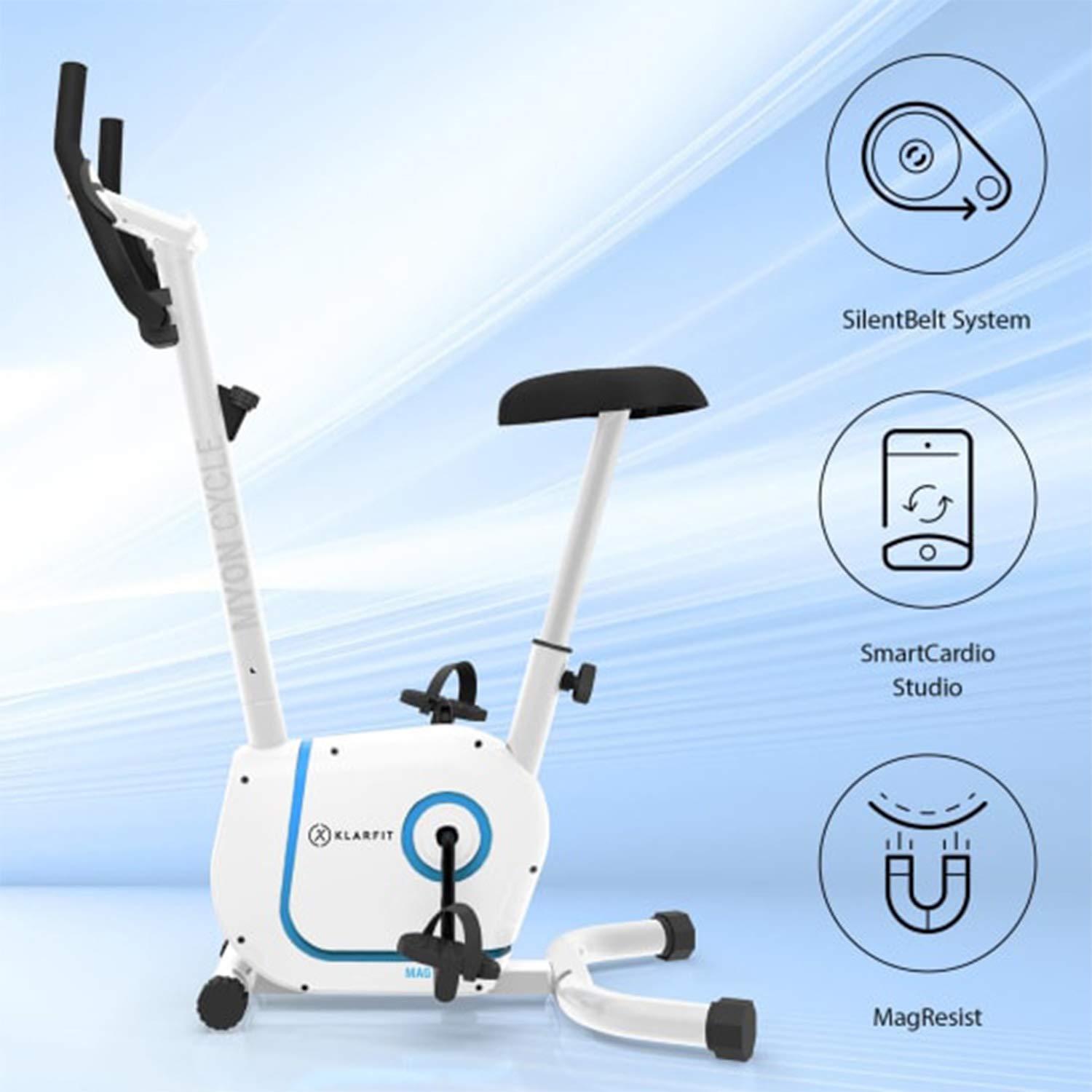 Klarfit Myon Cycle Heimtrainer Fahrrad - Ergometer mit 12 kg Schwungmasse, Hometrainer mit Pulsmesser, 8-stufiger Widerstand, Rahmenantrieb mit SilentBelt, Tablethalterung, weiß