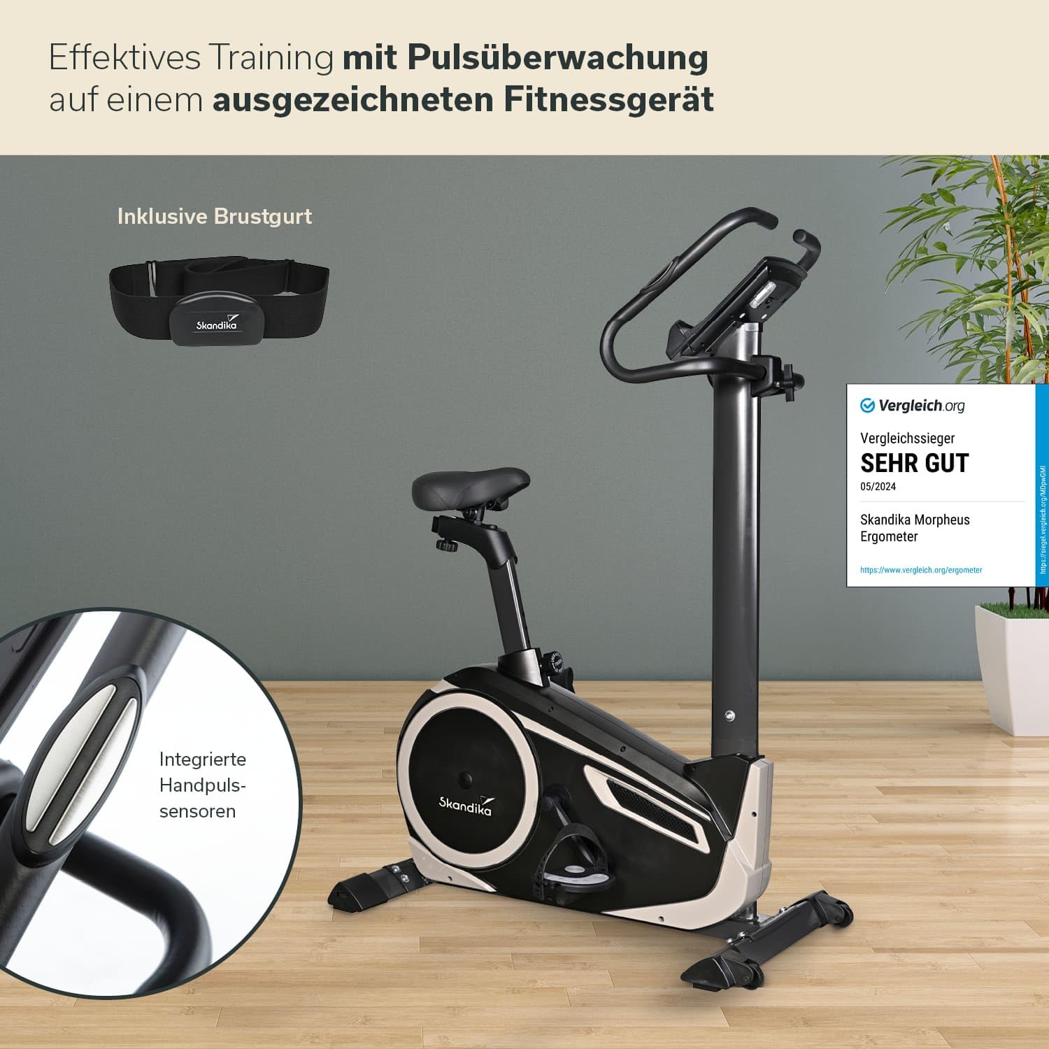 skandika Ergometer Morpheus, Fitnessbike, Heimtrainer mit Bluetooth, Pulsgurt, 32 einstellbare Widerstandseinstellung und Multifunktionscomputer mit Kalorienverbrauch, Puls