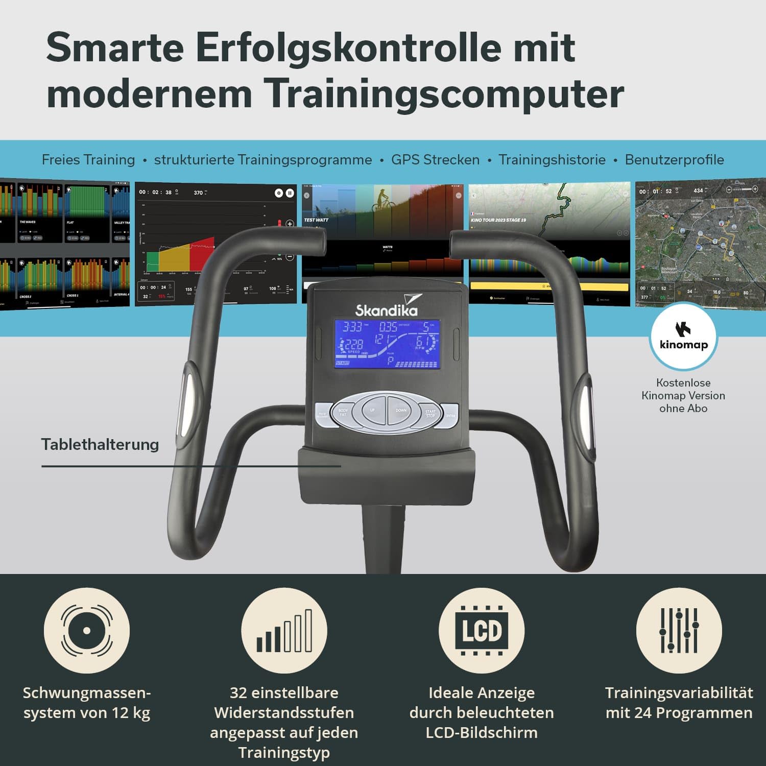 skandika Ergometer Morpheus | Heimtrainer für Zuhause, 12 kg Schwungmasse, 32 Widerstandsstufen, 24 Programme, App Kompatibel mit Kinomap, Pulsgurt, Tablethalterung | Indoor Fahrrad bis 150 kg