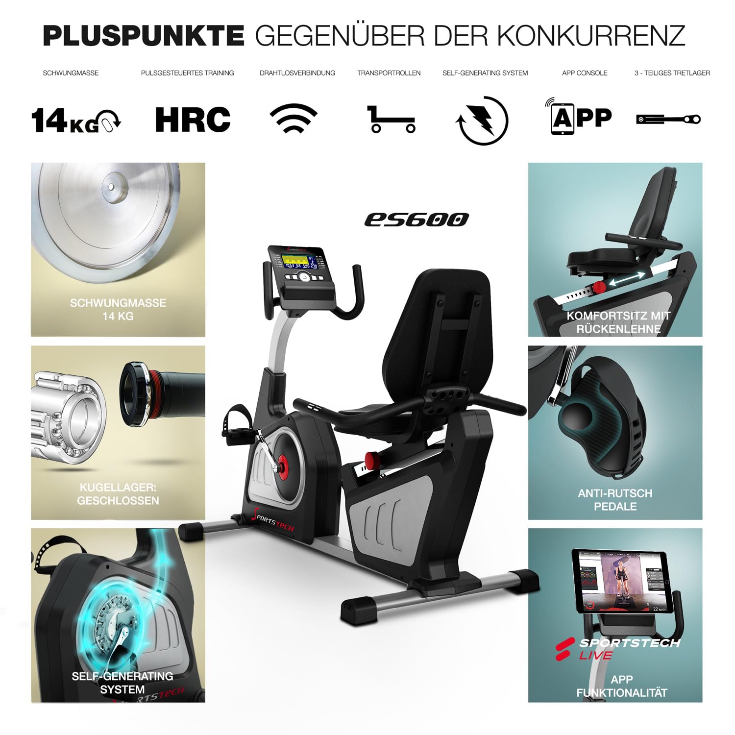 Sportstech ES600 Profi Ergometer | Deutsches Qualitätsunternehmen | Video Events & Multiplayer App | integrierter Stromgenerator & HRC | Pulsgurt optional | Liegeergometer + ergonomischer Sitzkomfort