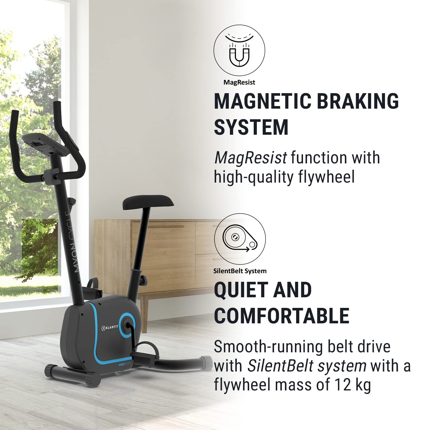 Klarfit Myon Cycle Heimtrainer Fahrrad - Ergometer mit 12 kg Schwungmasse, Hometrainer mit Pulsmesser, 8-stufiger Widerstand, Rahmenantrieb mit SilentBelt, Tablethalterung, weiß