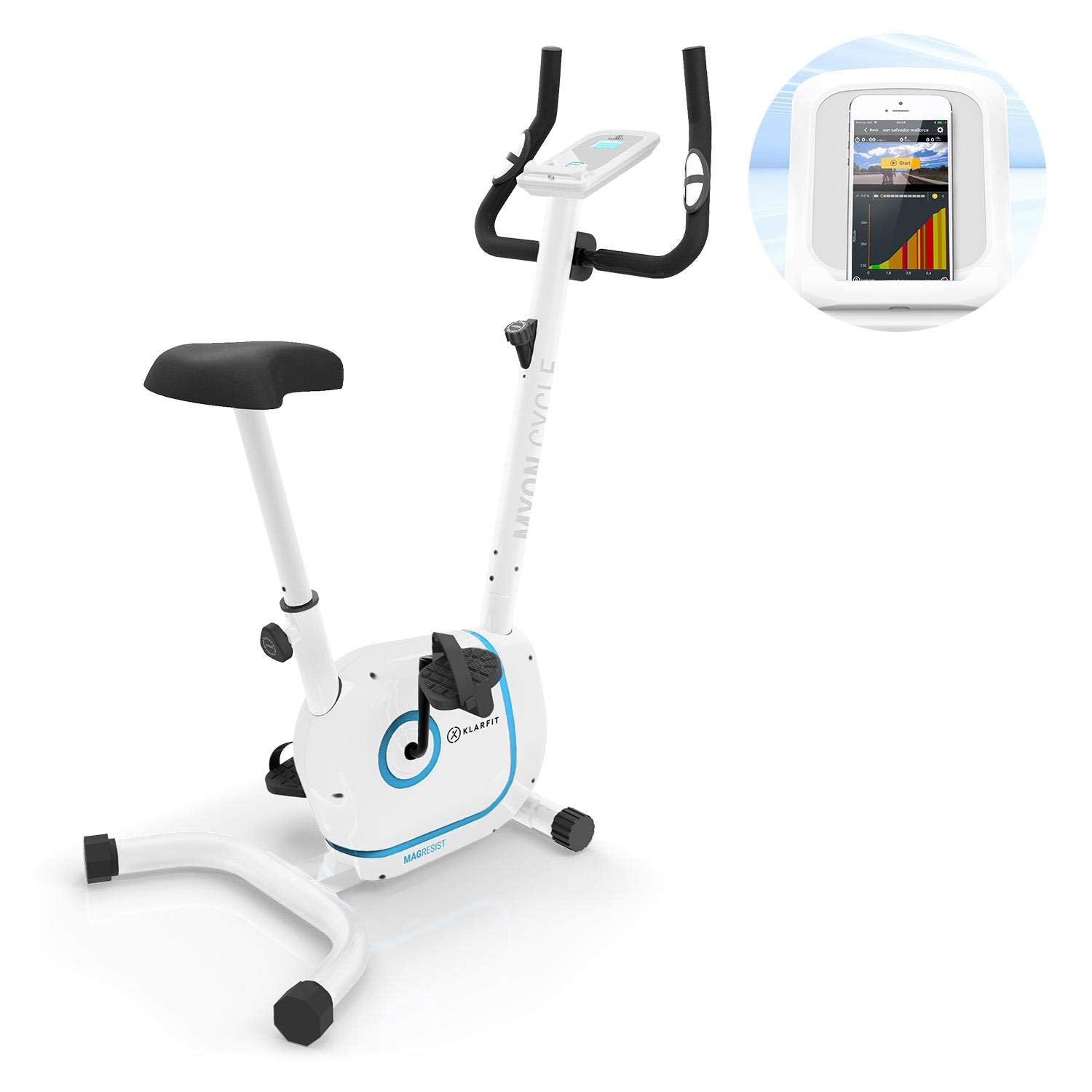 Klarfit Myon Cycle Heimtrainer Fahrrad - Ergometer mit 12 kg Schwungmasse, Hometrainer mit Pulsmesser, 8-stufiger Widerstand, Rahmenantrieb mit SilentBelt, Tablethalterung, weiß