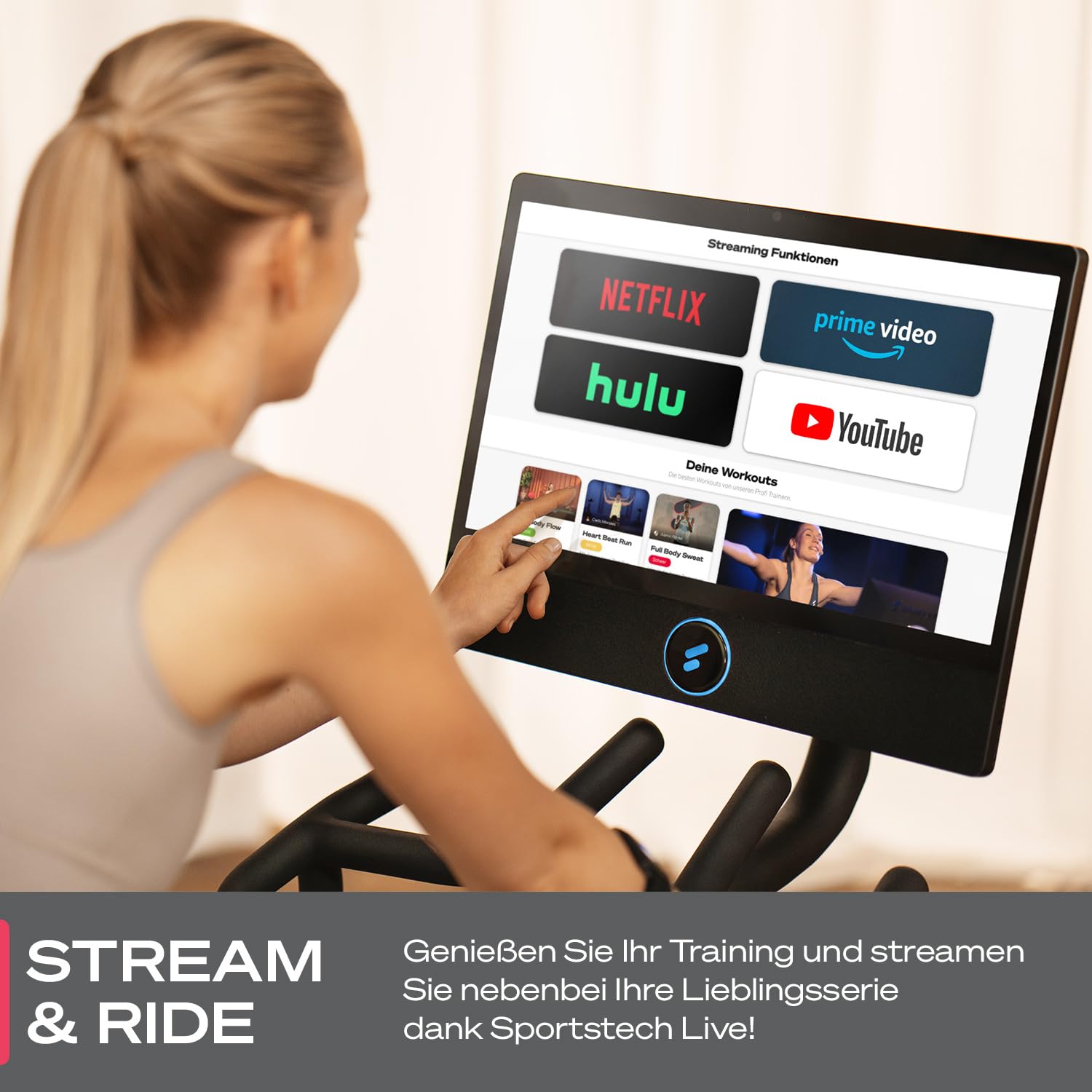 Sportstech Heimtrainer + 21.5" Touch Display - Deutsche Qualitätsmarke - APP mit Live Workouts & Kursen Fitnessbike mit patentierter LED Technologie, Ergometer, sBike (sBike + Bundel)
