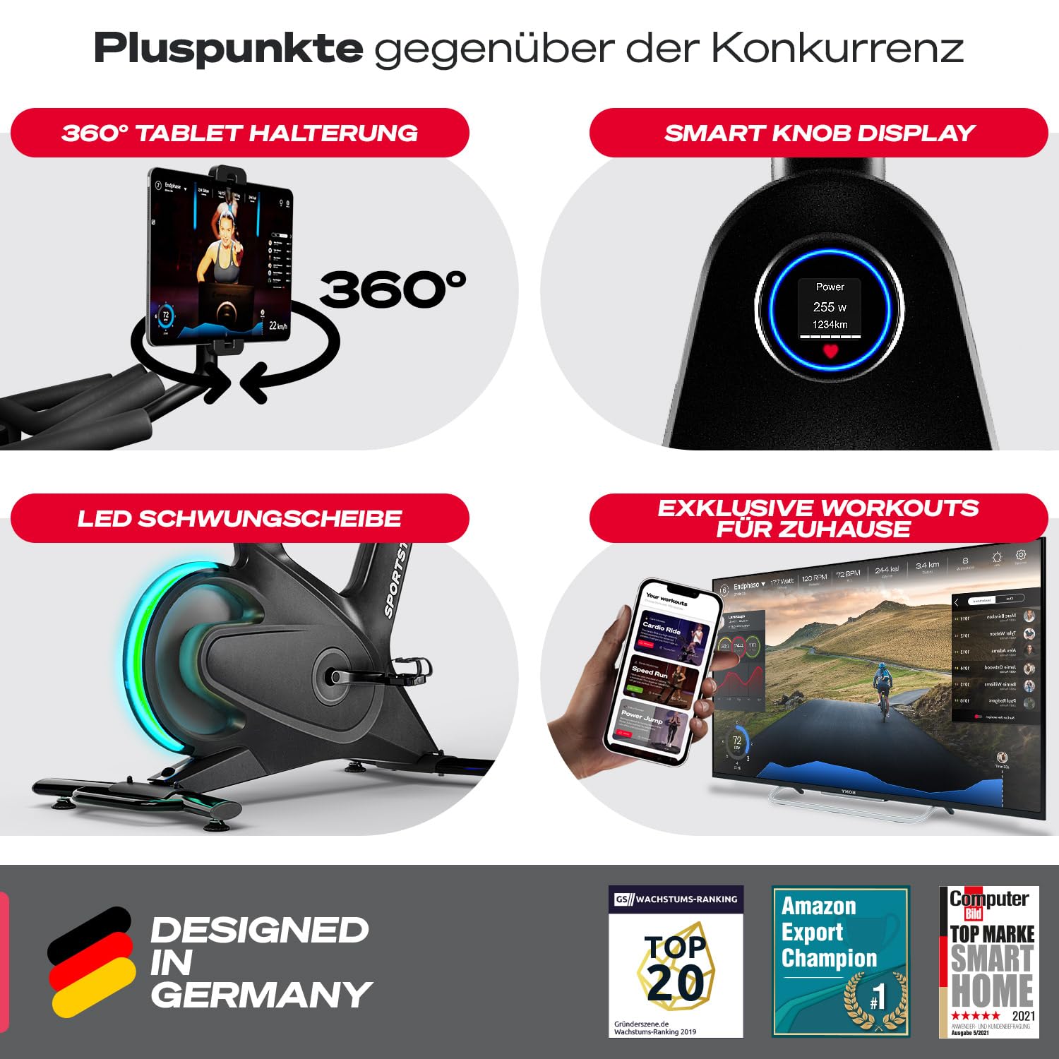 Sportstech sBike Lite - Smartes Heimtrainer Fahrrad mit LED - Deutsche Qualitätsmarke - App mit Kursen und 360° Tablet-Halterung für Full Body Workout - Ergometer (sBike Lite Bundle)