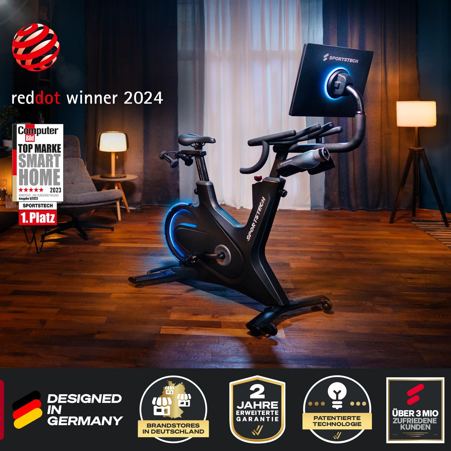 Sportstech Heimtrainer + 21.5" Touch Display - Deutsche Qualitätsmarke - APP mit Live Workouts & Kursen Fitnessbike mit patentierter LED Technologie, Ergometer, sBike (sBike schwarz)