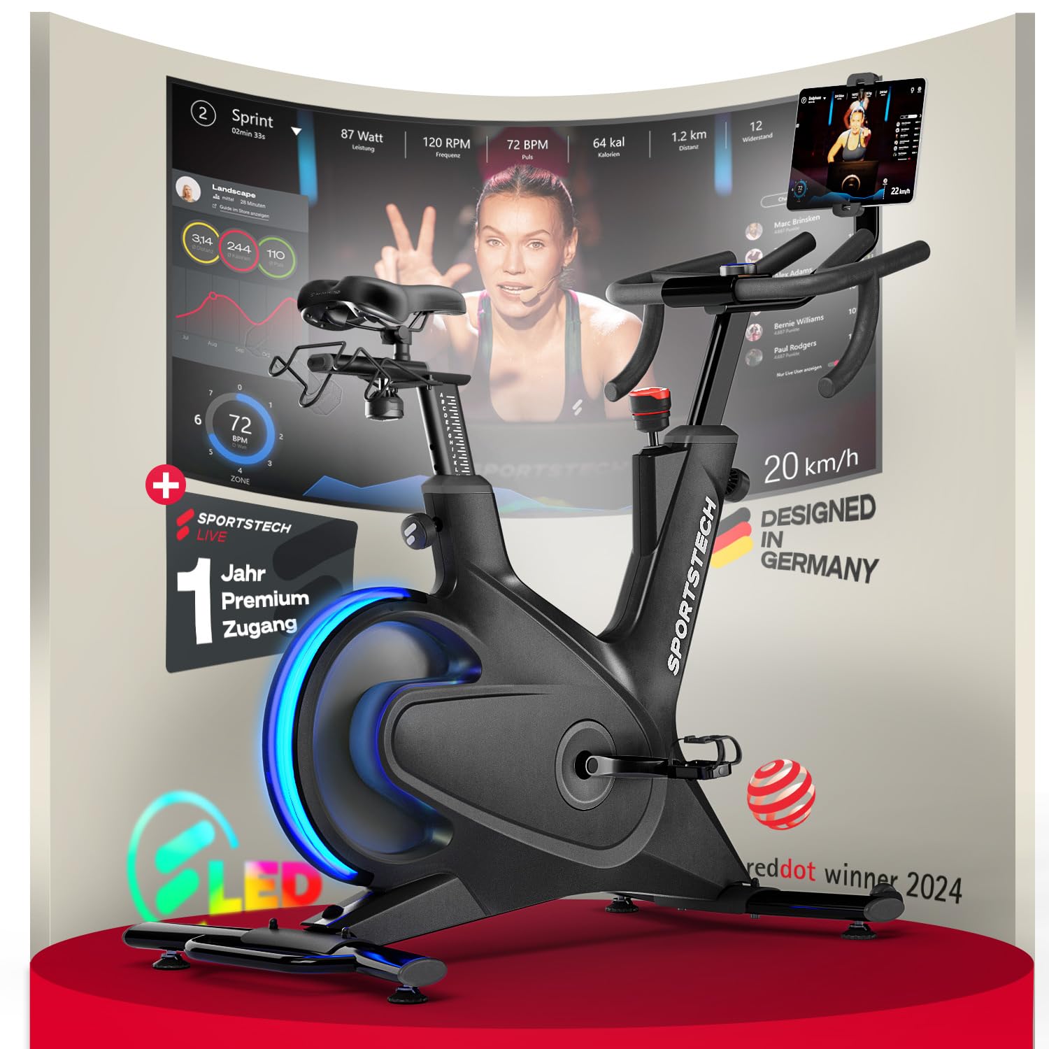 Sportstech sBike Lite - Smartes Heimtrainer Fahrrad mit LED - Deutsche Qualitätsmarke - App mit Kursen und 360° Tablet-Halterung für Full Body Workout - Ergometer (sBike Lite Bundle)